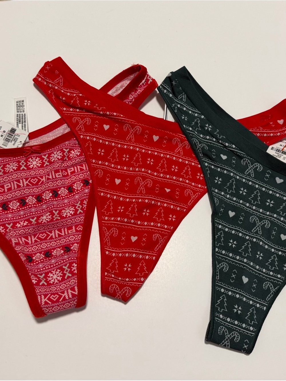 Holiday-Print Thong Underwear - Red, Dark Green, Pink